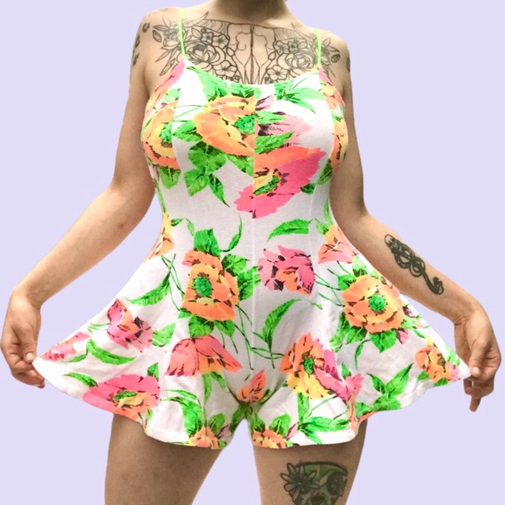 Vintage romper cotton neon floral flared bottom one piece retro summertime wear